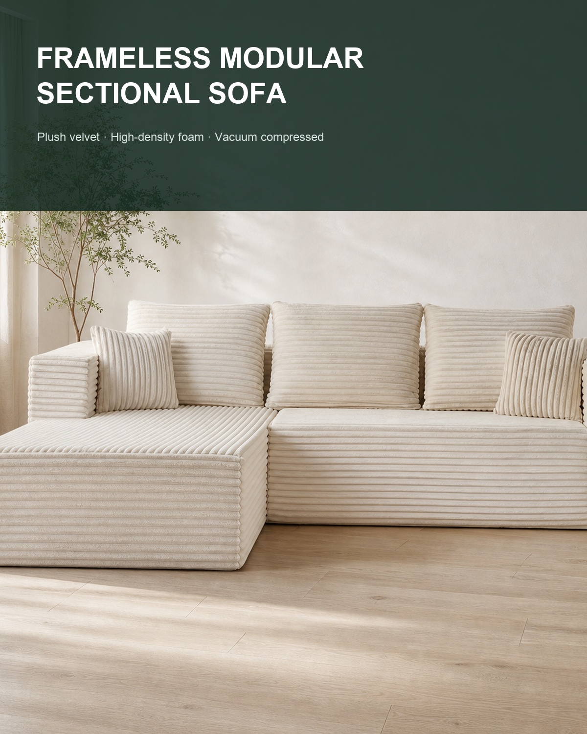Overview of the C-100 frameless modular vacuum-compressed sectional sofa