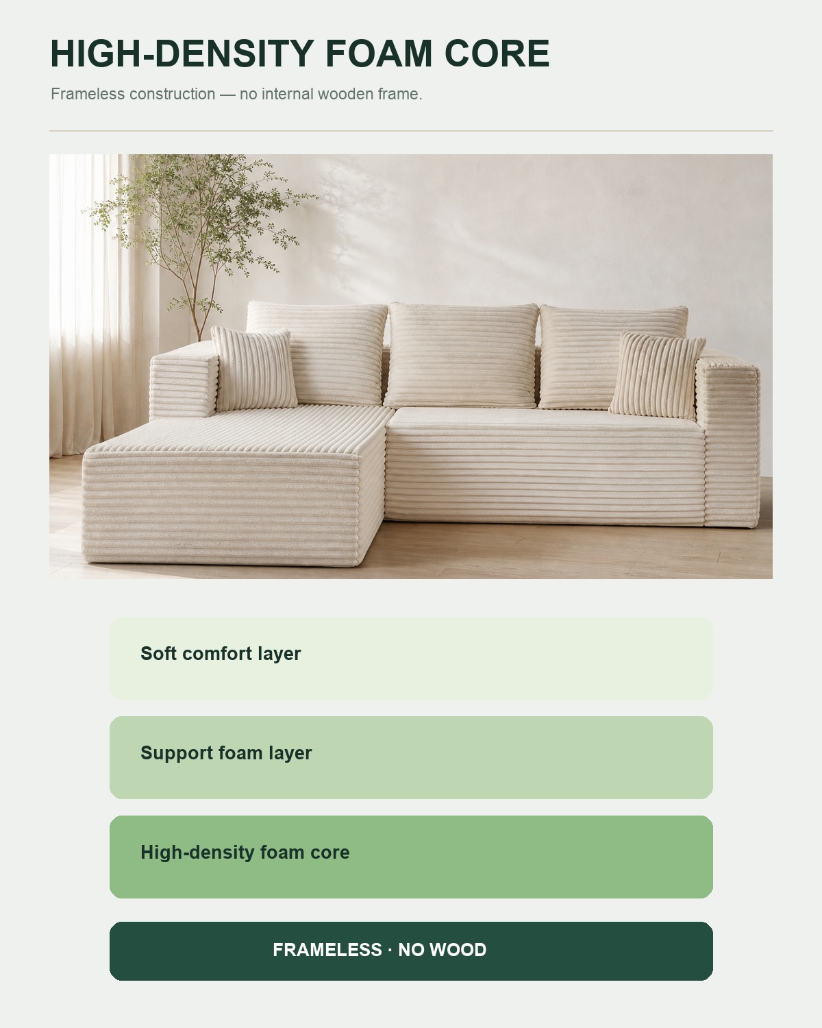 High-density foam structure of the C-100 frameless modular sofa