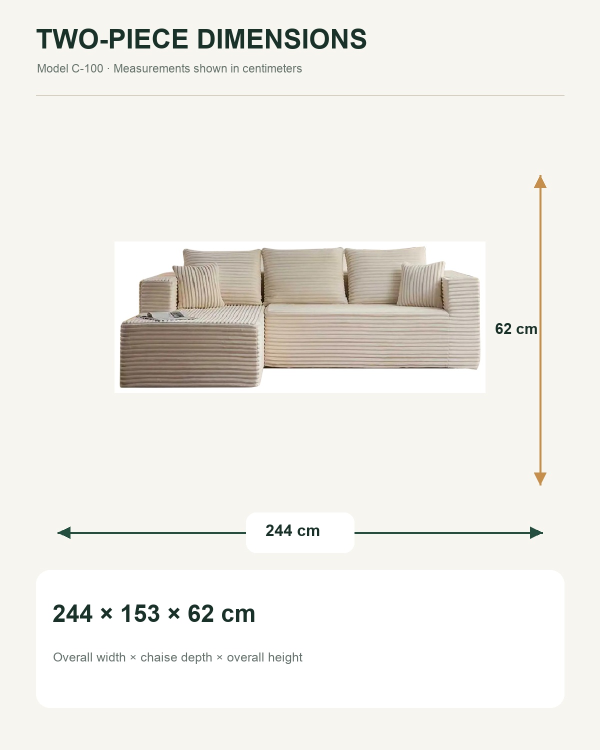 Dimensions for the C-100 frameless modular sectional sofa