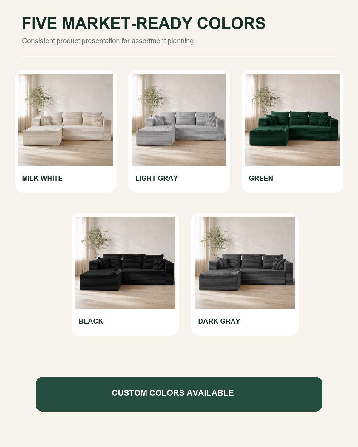 Standard color options for the C-100 modular compressed sofa